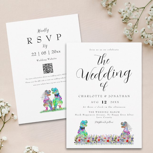 Invitation Code QR de mariage sur le thème des dinosaures (Boho wildflower dinosaur wedding invitation with qr code)