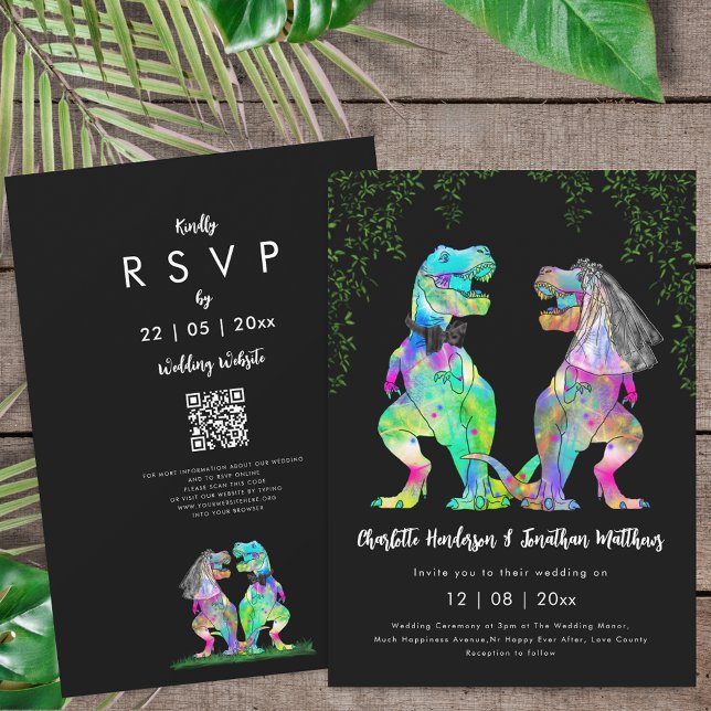 Invitation Code QR de mariage sur le thème des dinosaures col (Colorful T-Rex bride and groom dinosaur black white wedding qr code invitation T-Rex bride and groom)