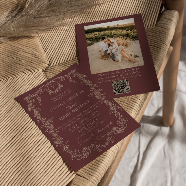 Invitation Code QR de mariage talons bordeaux floraux rétro P (Créateur téléchargé)