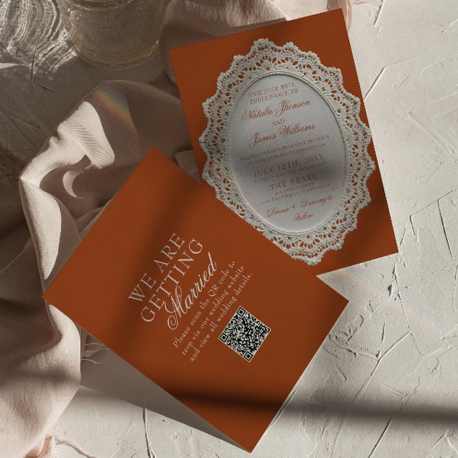 Invitation Code QR de mariage Terracotta Brûlé Orange Lace Do (Créateur téléchargé)