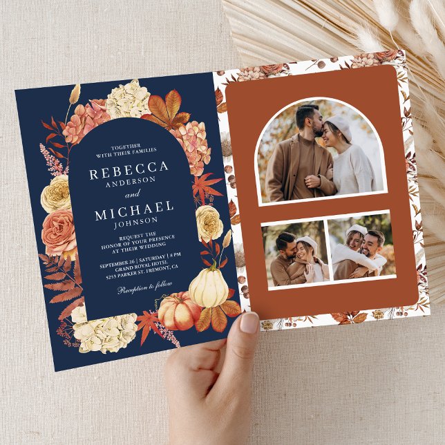 Invitation Code QR de mariage Terracotta Pumpkin Floral Navy (Créateur téléchargé)