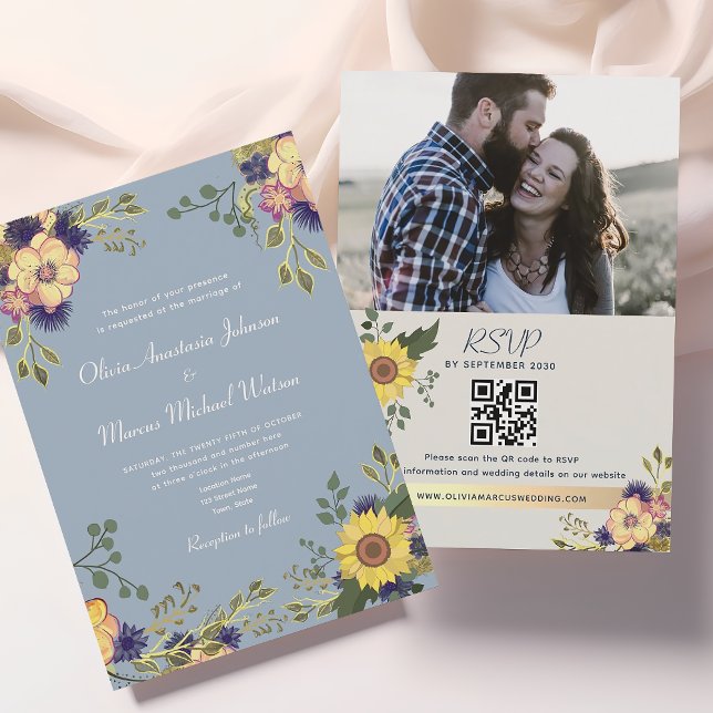 Invitation Code QR de mariage tournesol poussiéreux bleu (Créateur téléchargé)