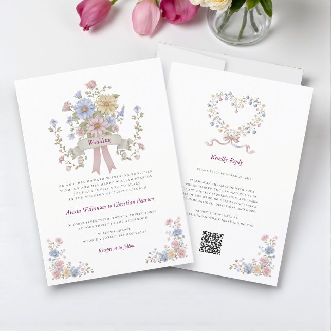 Invitation Code QR de mariage tout-en-un floral pastel romant (Créateur téléchargé)