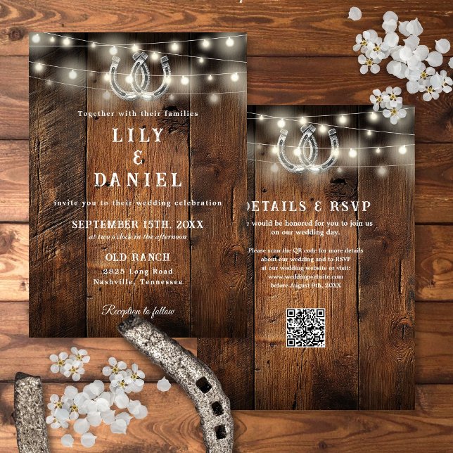 Invitation Code QR de mariage tout-en-un Western Horseshoes (Western Horseshoes QR Code All In One Wedding Invitation)