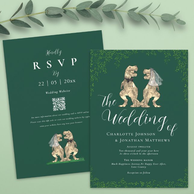 Invitation Code QR de mariage vert dinosaure élégant (T-Rex bride and groom funny dinosaur green and white wedding qr code invitation)
