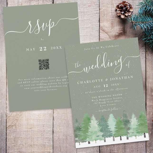 Invitation Code QR de mariage Vert Sage Forêt d'Hiver Moderne (Winter Woodland forest watercolor sage green and white wedding qr code invitation Elegant script)