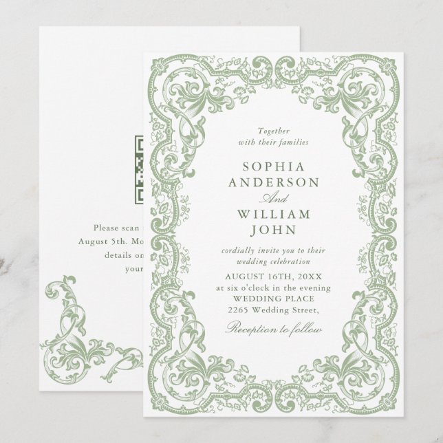 Invitation Code QR de mariage vert sauge orné de la Renaissan (Devant / Derrière)