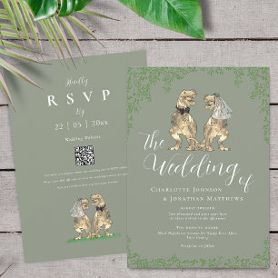 Invitation Code QR de mariage vert sauge thème dinosaure