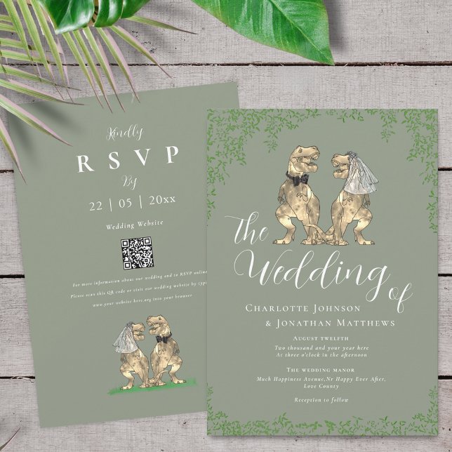 Invitation Code QR de mariage vert sauge thème dinosaure (Sage green T-Rex bride and groom dinosaur wedding invitation with rsvp qr code)