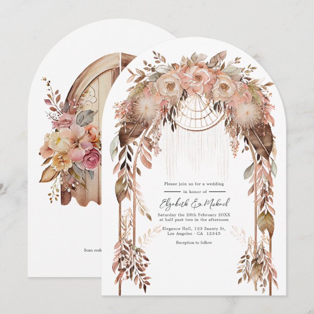 Invitation Code QR de mariage western chic bohème rustique (Devant / Derrière)