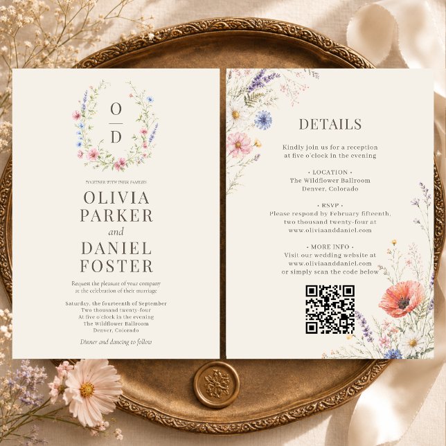 Invitation Code QR de monogramme de mariage bohème à fleurs s (Créateur téléchargé)