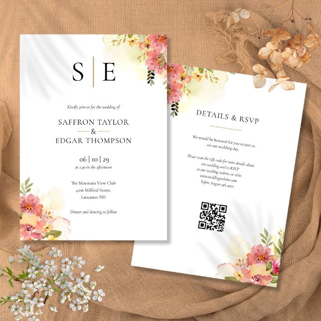 Invitation Code QR de monogramme floral aquarelle de mariage (Watercolor Floral Monogram QR Code Wedding Invitation)