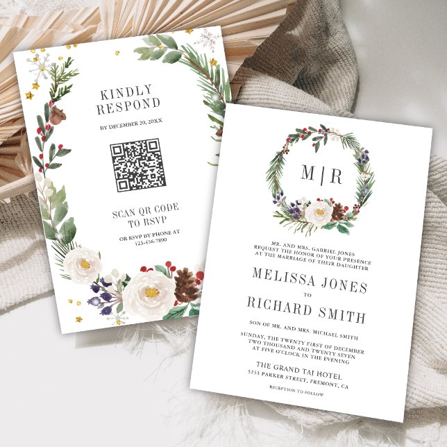 Invitation Code QR de monogramme floral de Noël rustique pour (Créateur téléchargé)