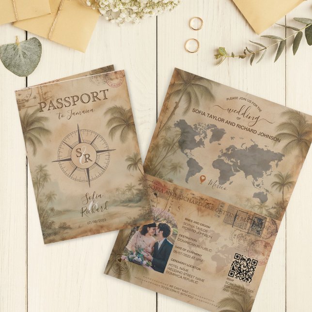Invitation Code QR de passeport de mariage de destination rét (Retro Vintage Destination Wedding Passport QR Code Invitation)