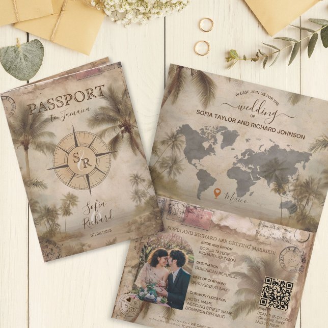 Invitation Code QR de passeport de mariage de destination rét (Retro Vintage Destination Wedding Passport QR Code Invitation)