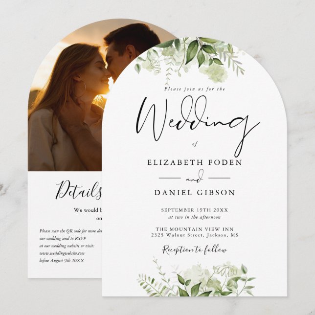 Invitation Code QR de photo d'arche de mariage à la verdure f (Devant / Derrière)