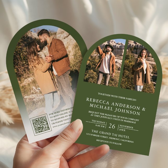 Invitation Code QR de photo d'arche de mariage vert olive mod (Créateur téléchargé)