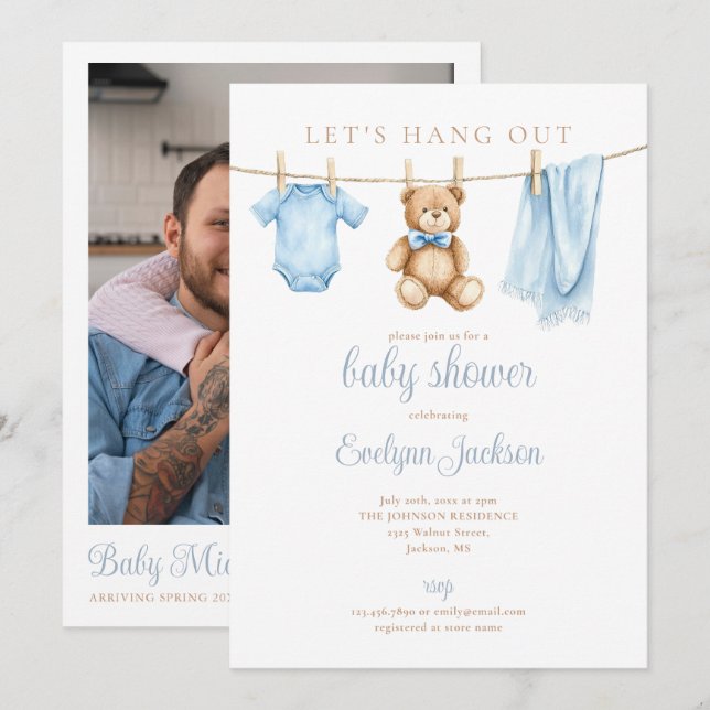 Invitation Code QR de Photo de Baby Shower Blue Boy Clothesli (Devant / Derrière)