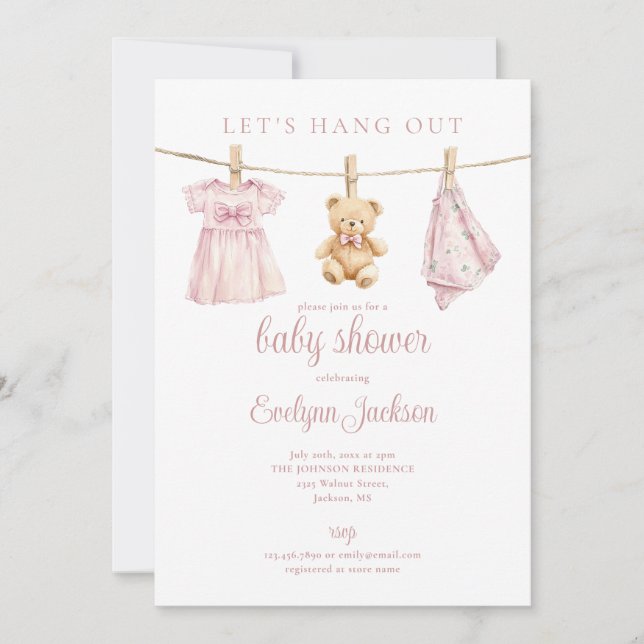 Invitation Code QR de photo de Baby Shower Fille Rose sur fil (Devant)