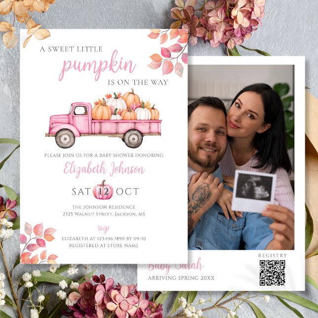 Invitation Code QR de photo de Baby Shower Rose Citrouille Do (Sweet Pumpkin Pink Baby Shower Photo QR Code Invitation)