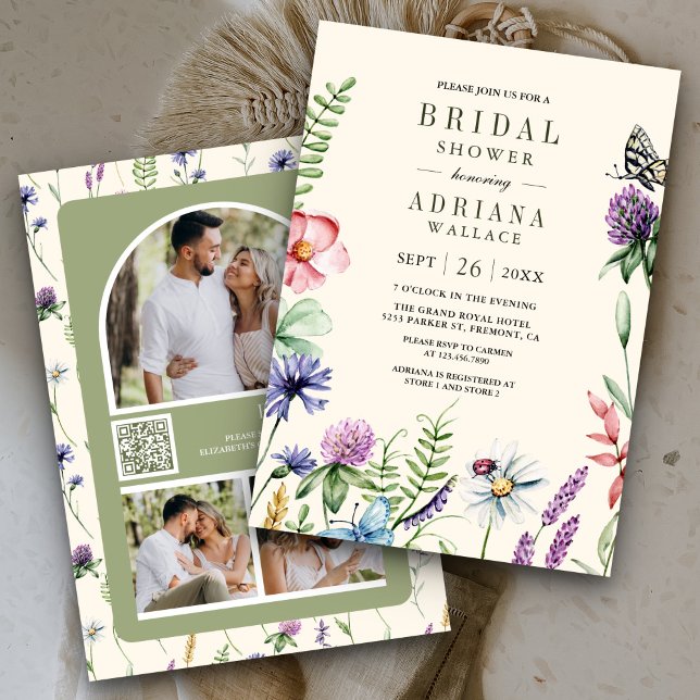 Invitation Code QR de photo de fleur sauvage boho crème pour  (Créateur téléchargé)