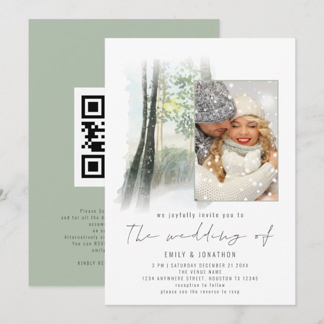 Invitation Code QR de photo de forêt hivernale Mariage Sage (Devant / Derrière)
