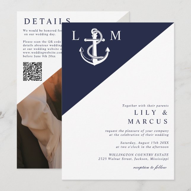 Invitation Code QR de photo de mariage à monogramme nautique  (Devant / Derrière)