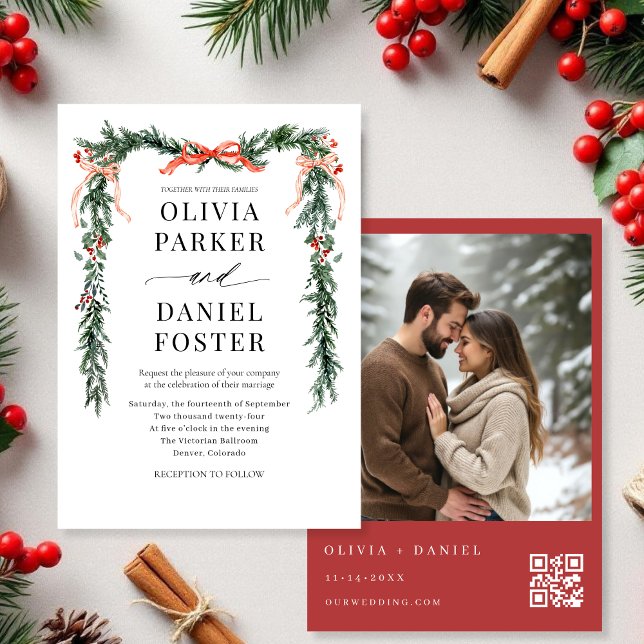Invitation Code QR de photo de mariage à Noël avec un nœud en (Créateur téléchargé)