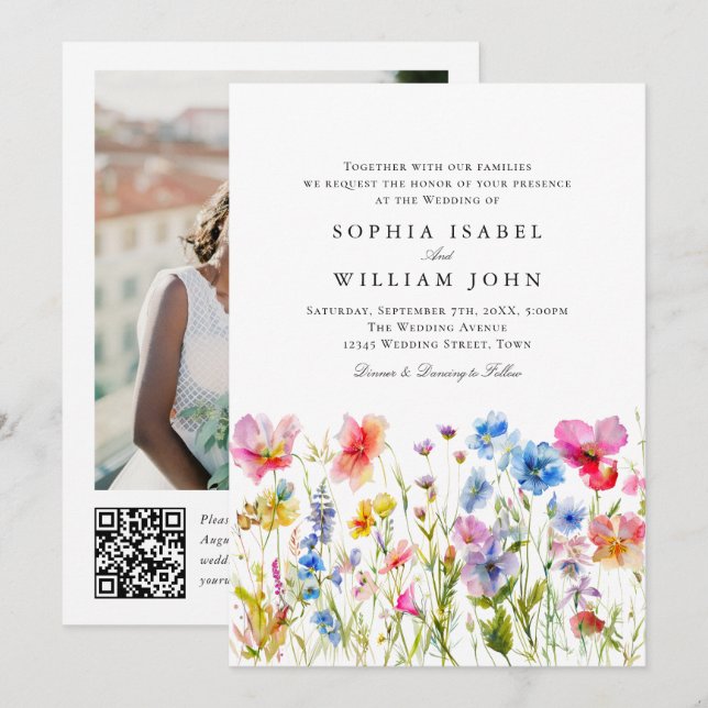 Invitation Code QR de photo de mariage aux fleurs sauvages bo (Devant / Derrière)