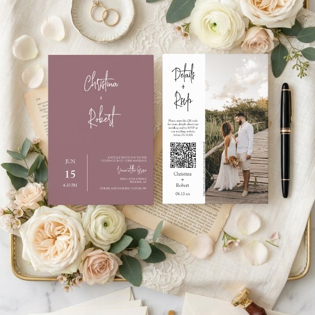Invitation Code QR de photo de mariage boho moderne poussiére (Créateur téléchargé)