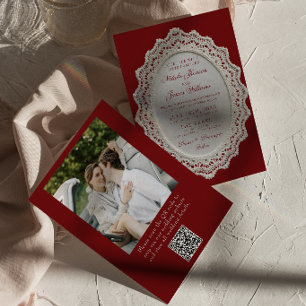 Invitation Code QR de photo de mariage de dentelle burgundy v
