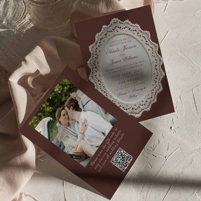 Invitation Code QR de photo de mariage de dentelle d'espresso (Créateur téléchargé)