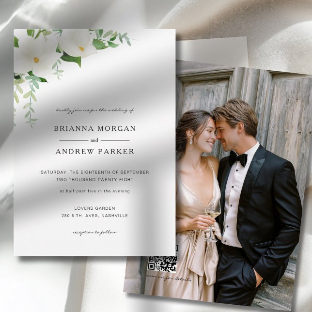 Invitation Code QR de photo de mariage élégant à la magnolia  (Elegant Floral Magnolia Wedding Photo QR Code Invitation)
