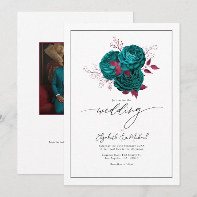 Invitation Code QR de photo de mariage floral turquoise et bo (Devant / Derrière)