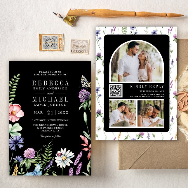 Invitation Code QR de photo de mariage sauvage Boho noir (Créateur téléchargé)