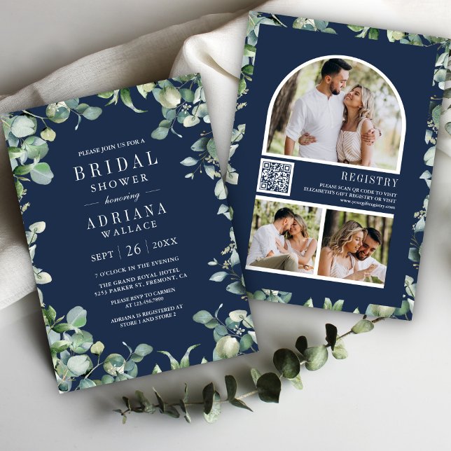 Invitation Code QR de Photo d'Eucalyptus Bleu Marine Baby Sho (Créateur téléchargé)