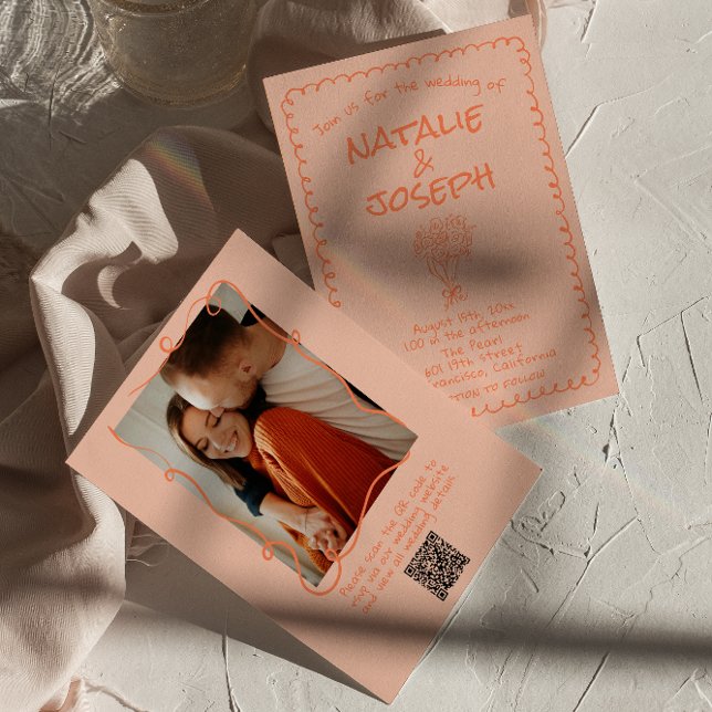 Invitation Code QR de photo fantaisiste rétro corail Mariage  (Créateur téléchargé)