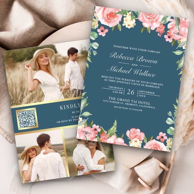 Invitation Code QR de photo florale rose poudré pour mariage  (Créateur téléchargé)
