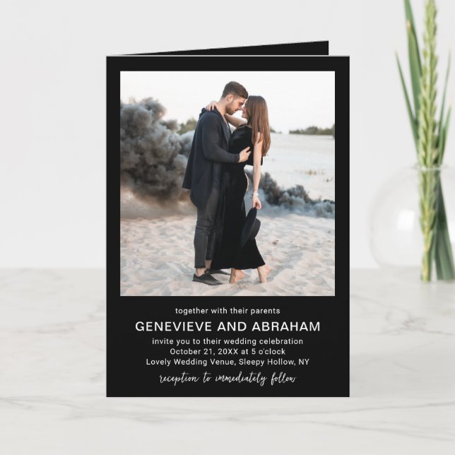 Invitation Code QR de photo noir propre mariage moderne (Devant)
