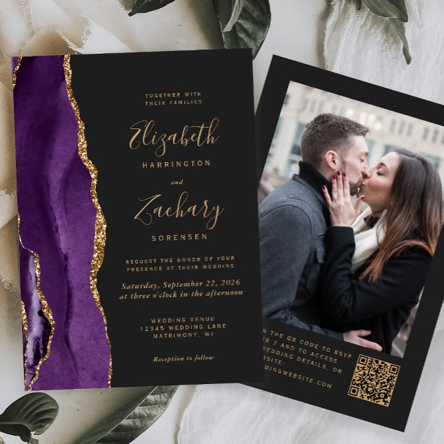 Invitation Code QR de photo sombre Agate Or Violet Mariage (Créateur téléchargé)
