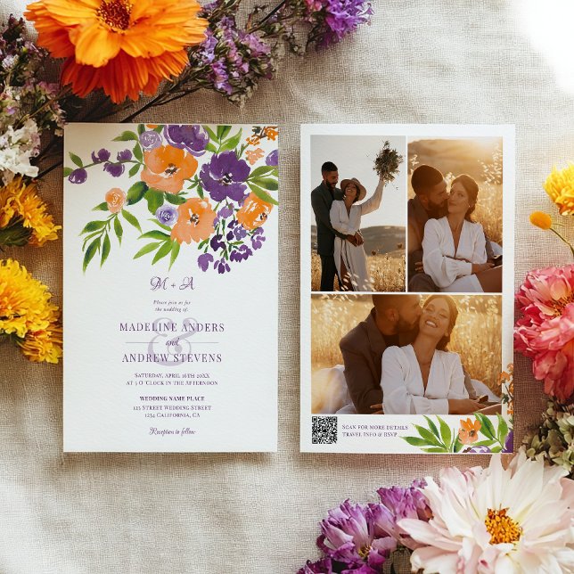 Invitation Code QR de photos de mariage floral violet orange  (Garden Purple Orange Floral photos Qr code wedding Invitation)