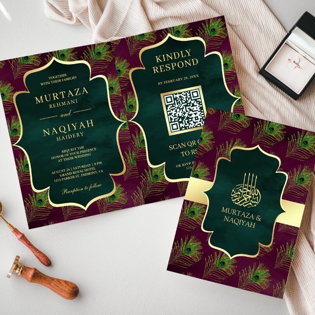 Invitation Code QR de plumes de paon vert prune Mariage musul (Créateur téléchargé)