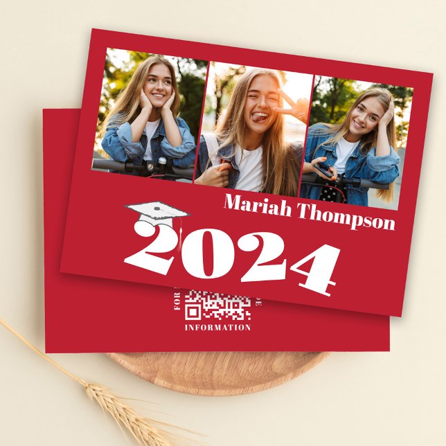 Invitation Code QR de remise des diplômes multi photo rouge p (Graduation three photo invitation template with a scannable QR Code. )