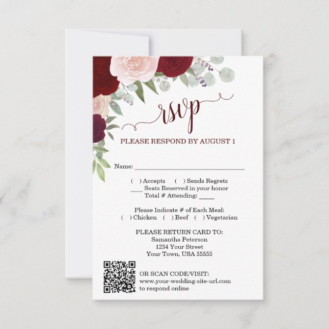 Invitation Code QR de réponse de mariage aux roses boho Burgu (Devant)