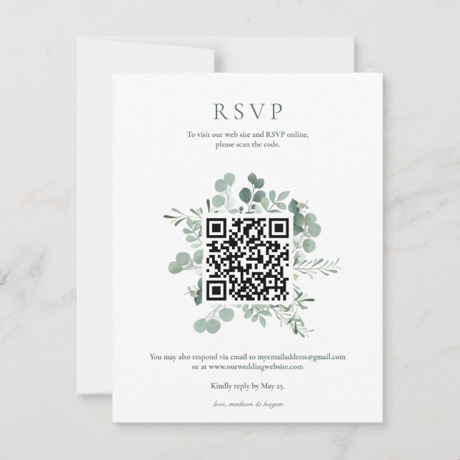 Invitation Code QR de réponse élégant pour mariage avec verdu (Devant)