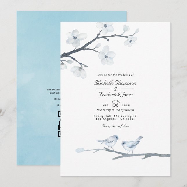Invitation Code QR de Réponse pour Mariage aux Fleurs de Ceri (Devant / Derrière)