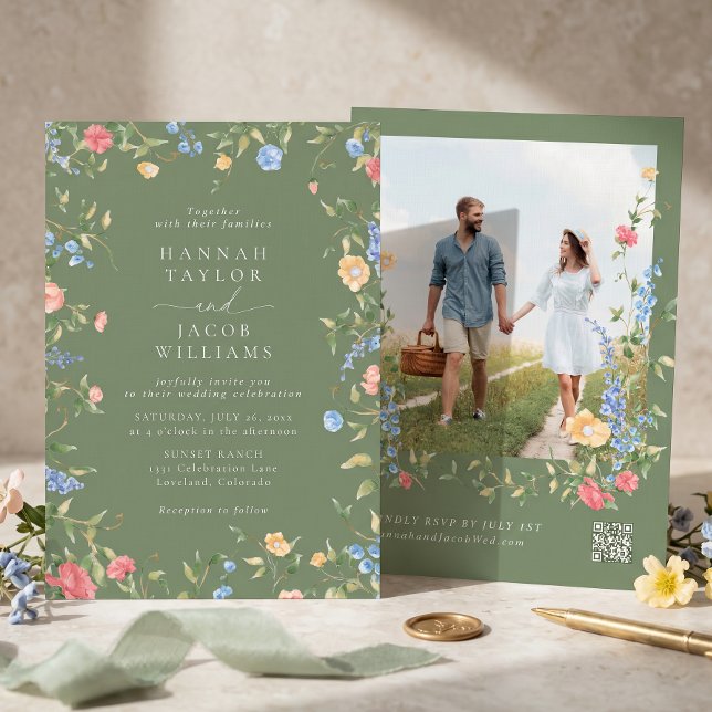 Invitation Code QR de réponse pour mariage bohème avec fleurs (Créateur téléchargé)