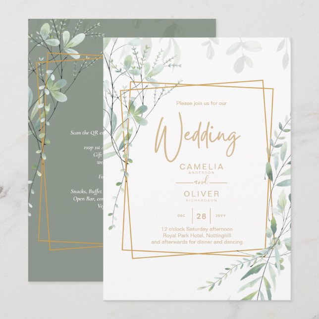 Invitation Code QR de réponse pour un mariage avec de la verd (Devant / Derrière)