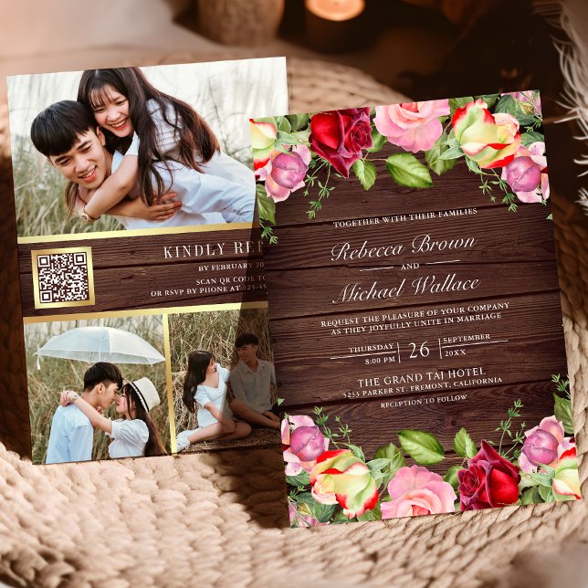 Invitation Code QR de roses roses et rouges romantiques Maria (Créateur téléchargé)