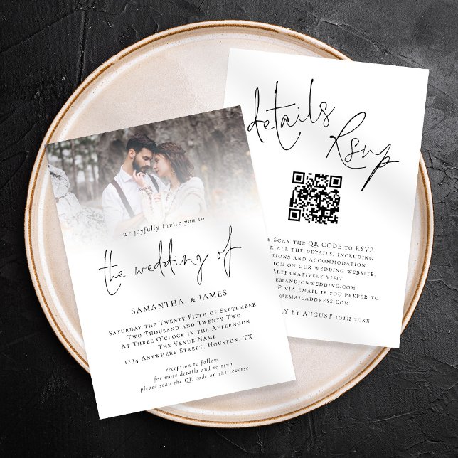 Invitation Code QR de Script Moderne Photo Tout en Un Mariage (Front and back view, all in one invite, rsvp, details. Available digitally and printed)